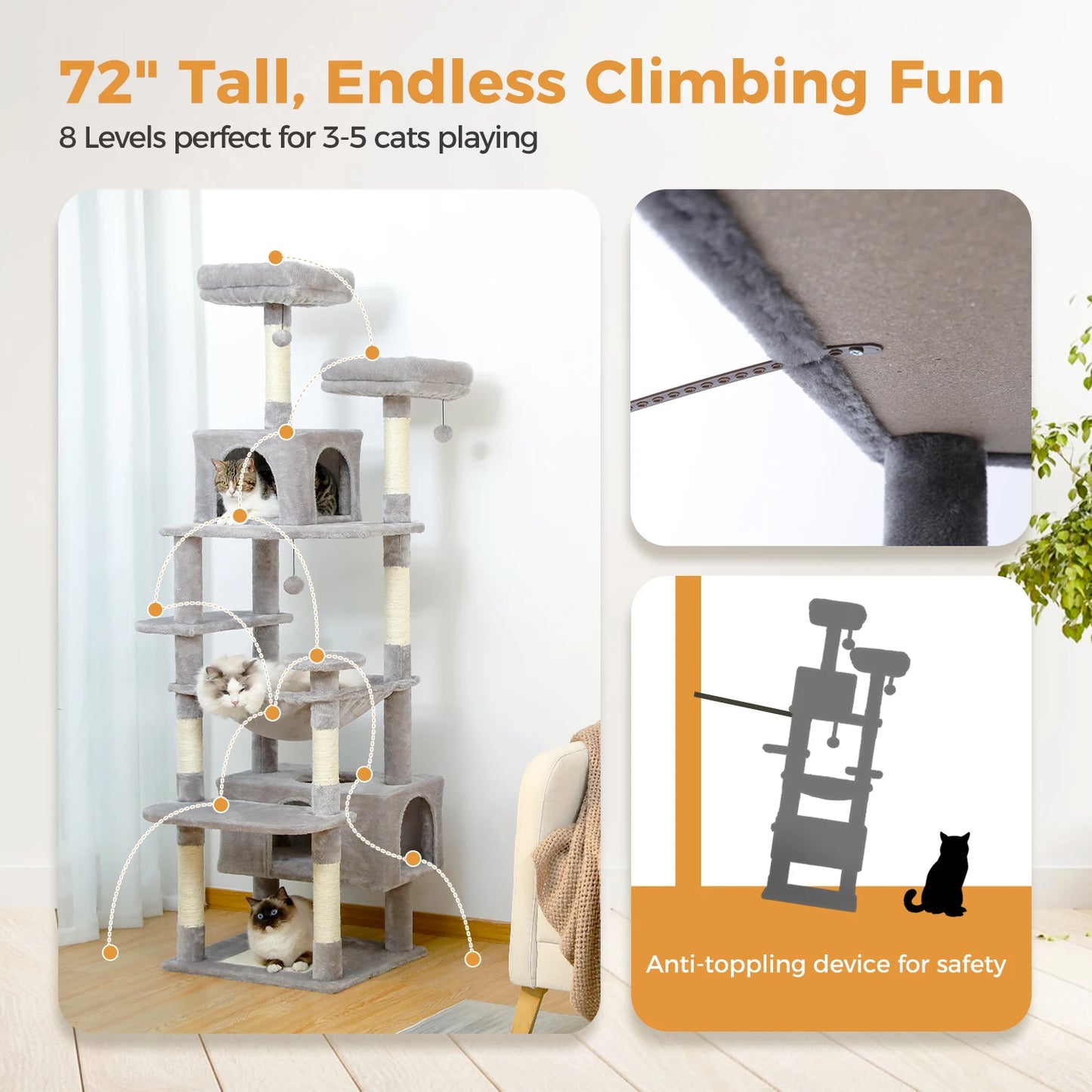 184cm Large Cat Tree and Tower for Indoor Cats With Sisal-Covered Scratching Posts Spacious Hammock Padded Perches and Condos