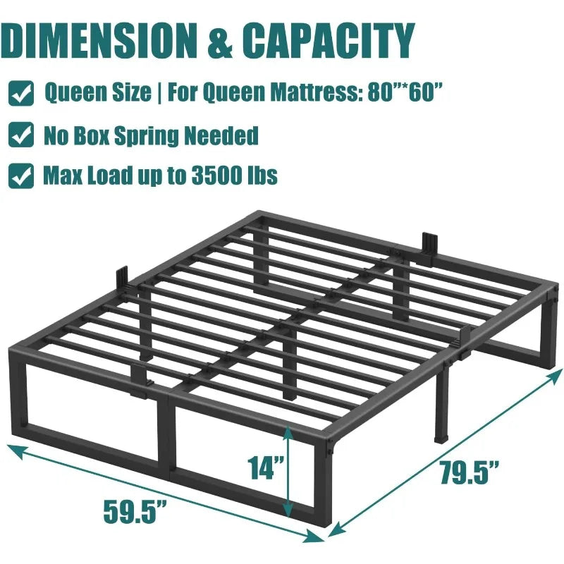 14 Inch Bed Frame,3500 Lbs Heavy Duty Metal Platform, Steel Slats Support/No Box Spring Needed/Noise Free/Non-Slip/Easy Assembly