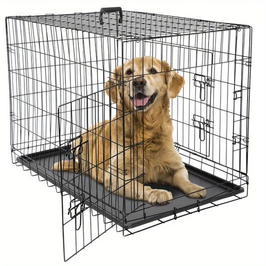 36 inch folding metal dog cage kennel double door with tray tray, black