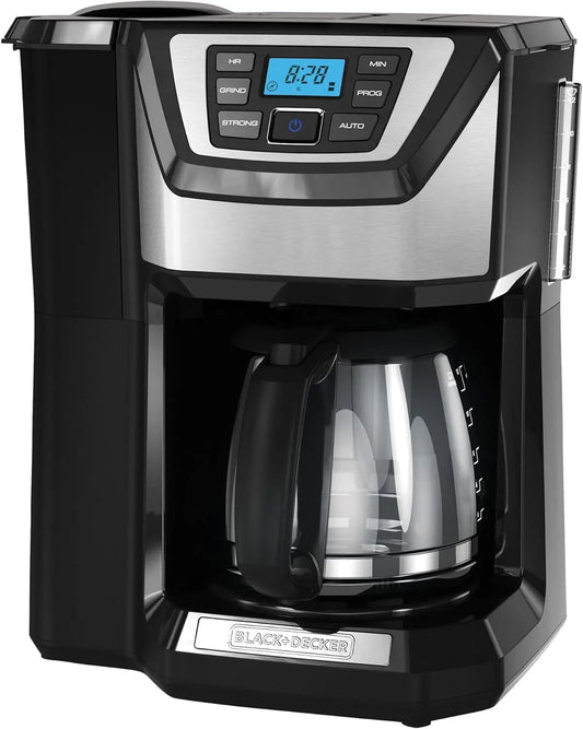 12-Cup Mill and Brew Coffee Maker, Automatic Grind and Brew Drip Coffee Machine, Programmable, Sneak-A-Cup, Reusable Filter.