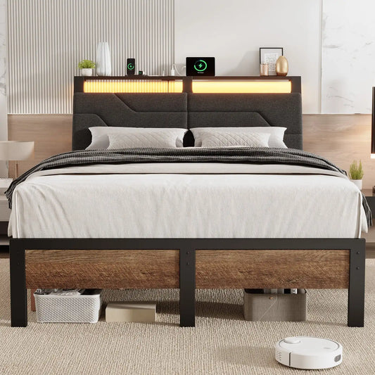 Queen Bed Frame with Headboard and LED Lights, Ergonomic Upholstered Queen Platform Bed Fame with Charging Station & Storage