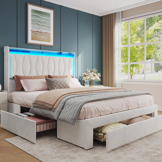 Queen Size Bed Frame with LED Light and 3 Drawers Storage, Upholstered Velvet Platform Bed Frame with Charging Station