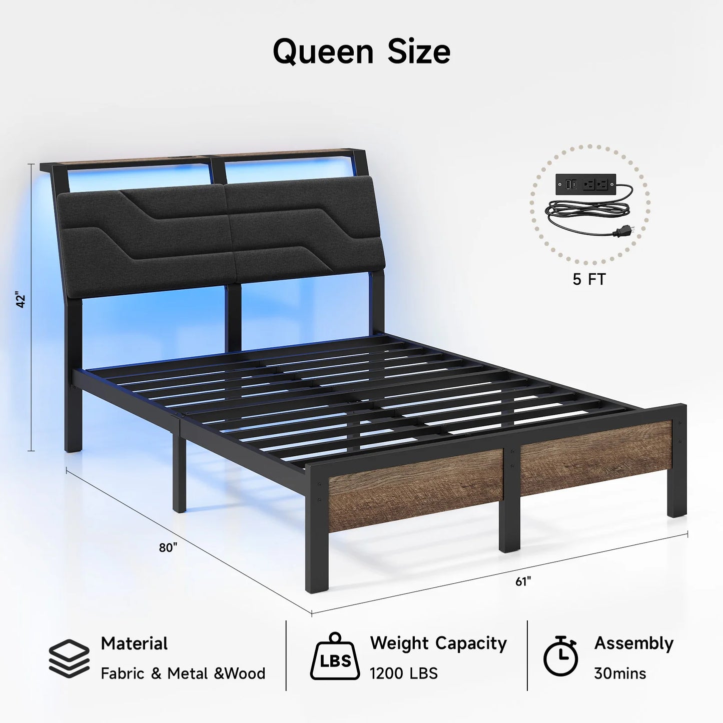 Queen Bed Frame with Headboard and LED Lights, Ergonomic Upholstered Queen Platform Bed Fame with Charging Station & Storage