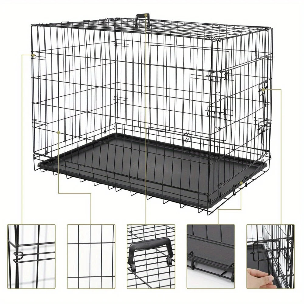 36 inch folding metal dog cage kennel double door with tray tray, black