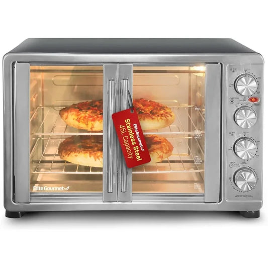 Elite Gourmet ETO-4510M French Door 47.5Qt, 18-Slice Convection Oven 4-Control Knobs, Bake Broil Toast Rotisserie Keep Warm