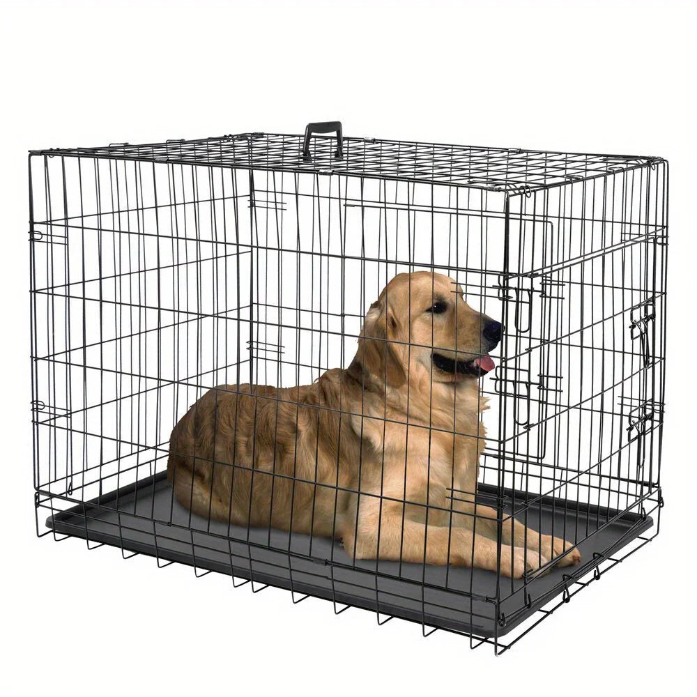 36 inch folding metal dog cage kennel double door with tray tray, black