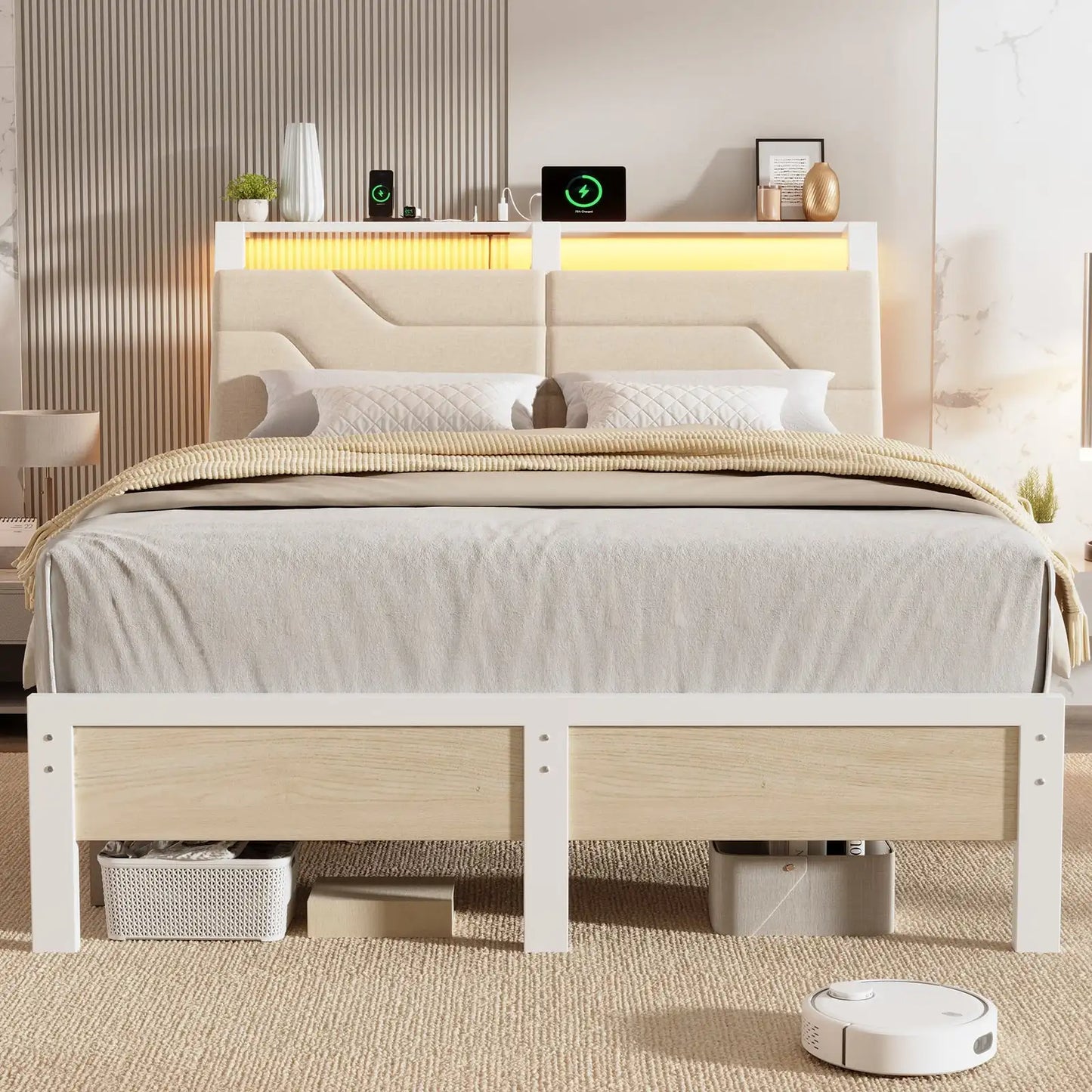 Queen Bed Frame with Headboard and LED Lights, Ergonomic Upholstered Queen Platform Bed Fame with Charging Station & Storage