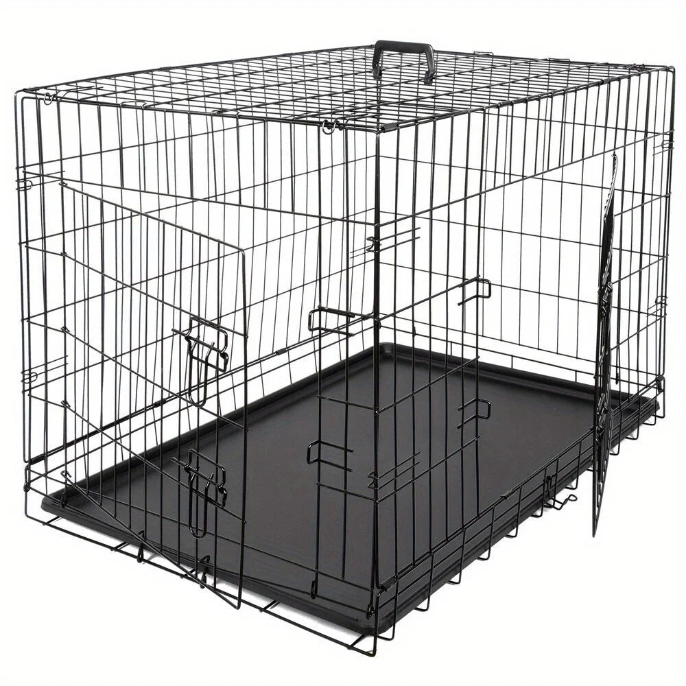 36 inch folding metal dog cage kennel double door with tray tray, black