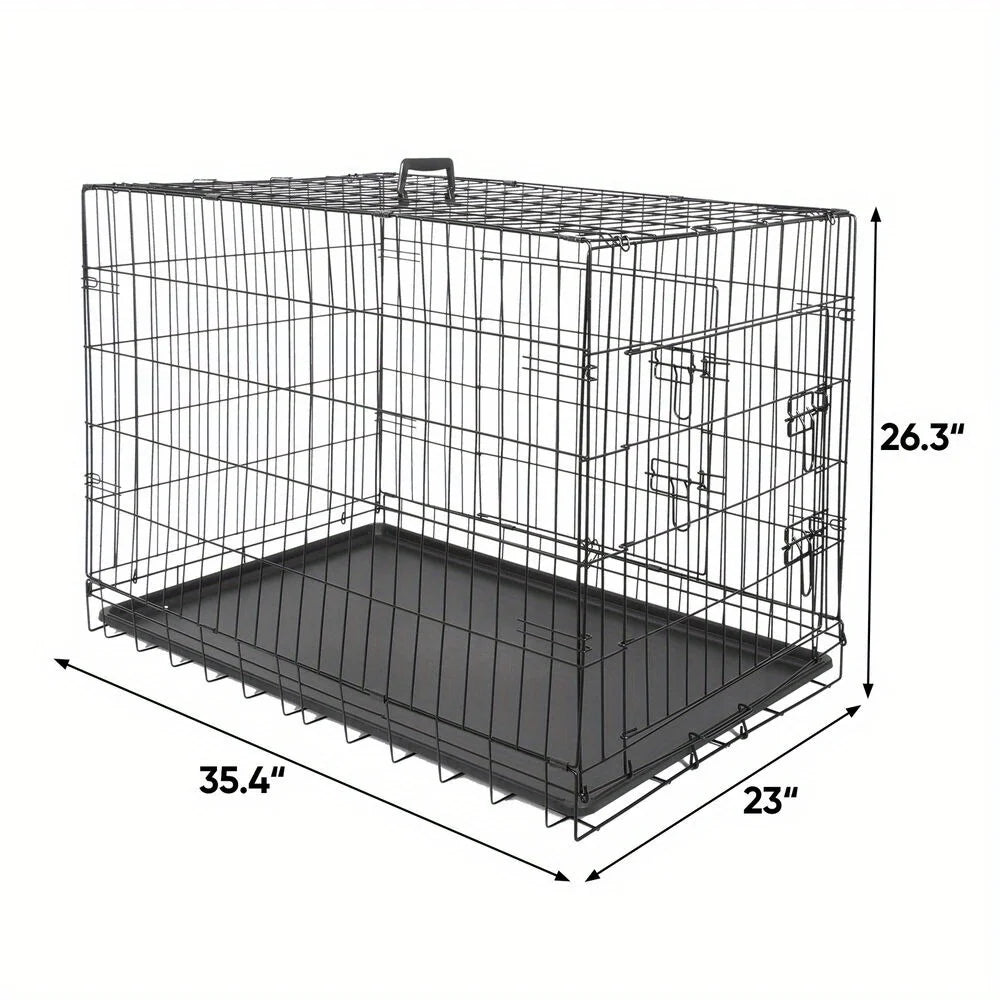 36 inch folding metal dog cage kennel double door with tray tray, black