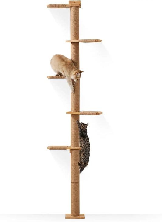 Fukumaru Tall Cat Tree, 5 Tier Floor To Ceiling Cat Tower, Wall-Mounted Cat Scratching Post, Wild Simulation Cat Wall Shelves,