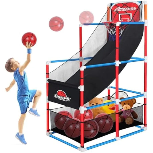 Adjustable Arcade Basketball Game Set with Storage 4 Balls for 3 to 12 Years Old Sport Toy for Indoor Outdoor